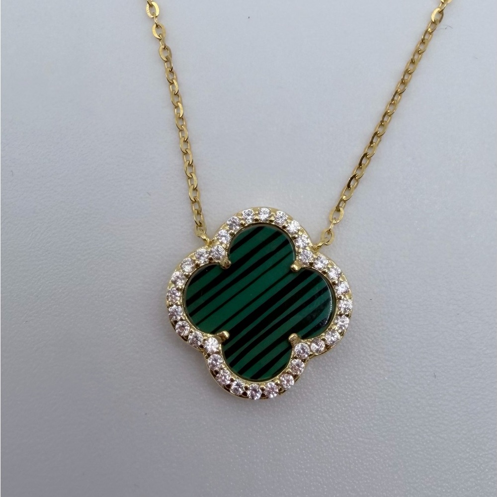 Pave Outlined Four Leaf Clover Malachite Necklace S925 NWT - Picture 3 of 5